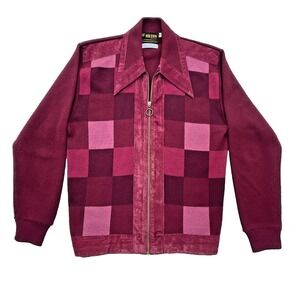 Vintage 70's 80's Checkerboard Pattern Sweater Medium full zip Burgundy retro